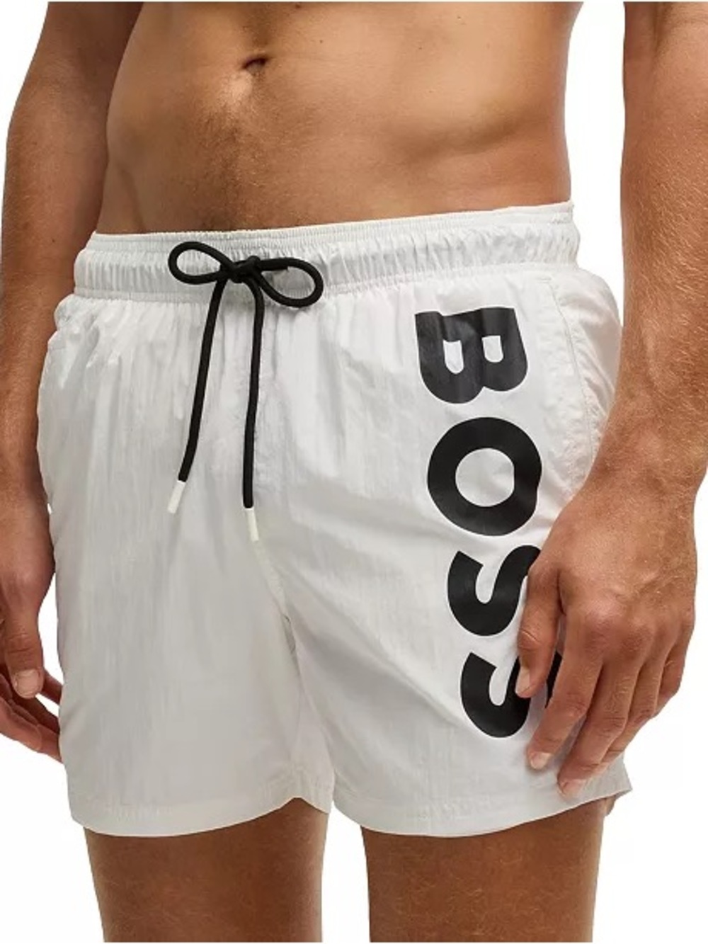 BOSS BY HUGO BOSS VERTICAL LOGO QUICK DRY POPLIN SWIM SHORTS WHITE MEN’S LARGE